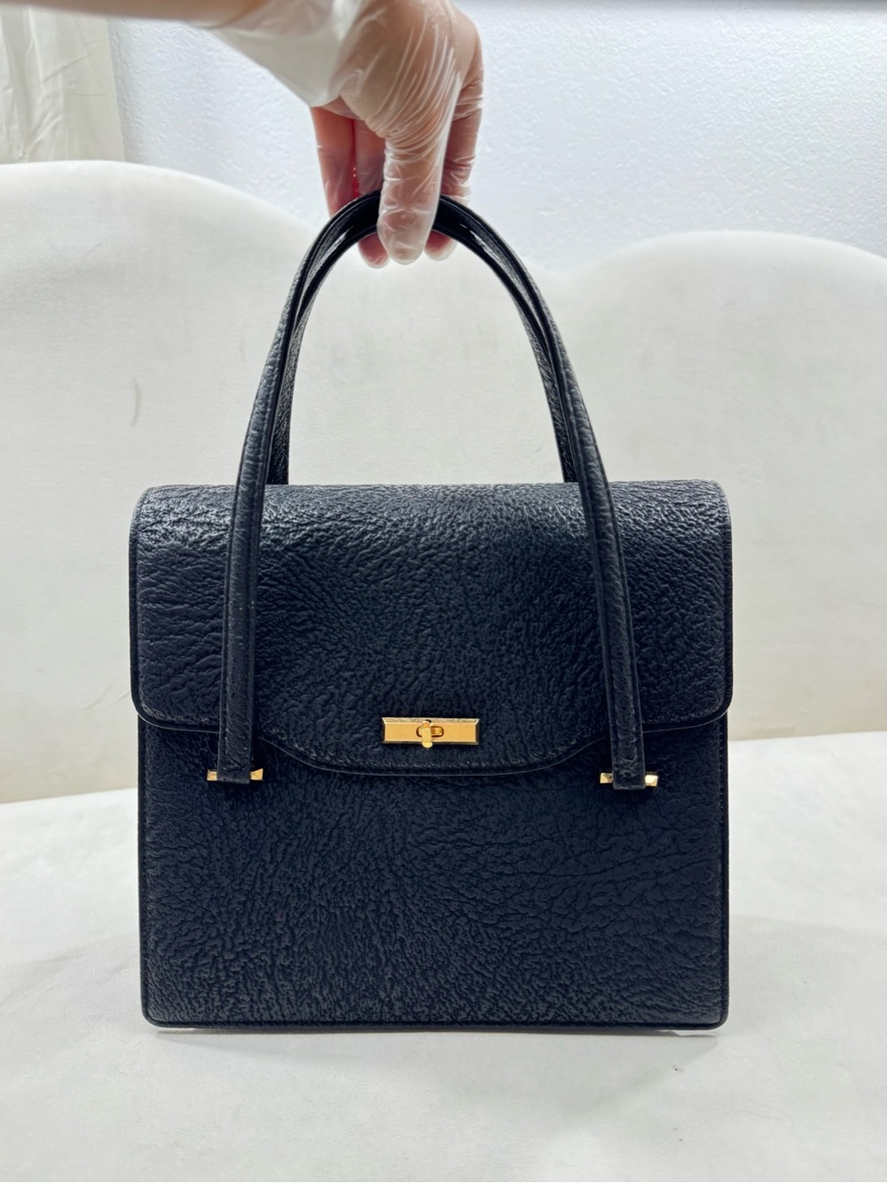 Vintage 90s Top Handle Bag Unique Center Strap Design Structured Black